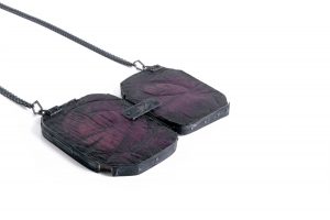 Purple Heart wood, Silver oxidized with Nunome-Zogan technique, Japanese Silver leaf, oxidized Silver chain