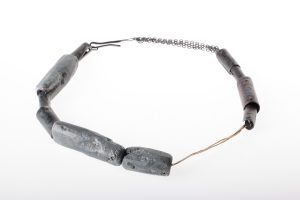 Aluminum (casted), Shibuici, Gold 18kt, readymade Silver chain (oxidized), Aluminum powder mixed with paint