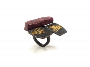 Purple Heart wood, Shibuici with Nunome-Zogan technique, Japanese pure Gold leaf, Silver oxidized, Shibuici