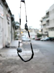 Concrete (cast), Mosquito net, Shibuici, Silver oxidized, Gold 18 k, Rope, Graphite powder, Acrylic paint