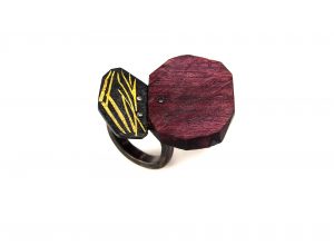 Purple Heart wood, Shakudou with Nunome-Zogan technique, Japanese pure Gold leaf, Silver oxidized, Rokusho (Japanese patina)
