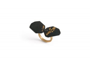 Shakudou with Nunome-Zogan technique, Gold 18 k, Japanese pure Gold leaf, Rokusho (Japanese patina)