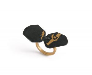 Shakudou with Nunome-Zogan technique, Gold 18 k, Japanese pure Gold leaf, Rokusho (Japanese patina)