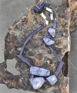 Shibuici, Gold 18 k, Silver oxidized, Azurite Stone, Plexiglas, Concrete, Black Tourmaline