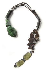 Concrete (cast), Mosquito net, Plexiglas, Iron, Shibuici, Silver oxidized, Moldavite glass, Acrylic paint